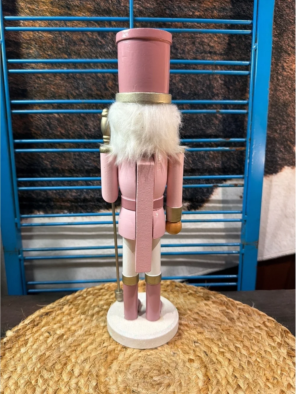 Pink and Gold Wooden Nutcracker Figurine with Staff
